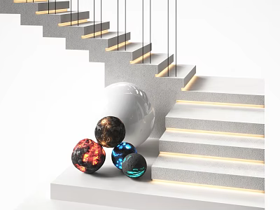 Modern Stairs Design With LED Strip Lighting Concrete Steps And Decorative Spheres 3d model