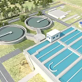 Modern Industrial Plant With Circular Tanks Metal Railings Green Grass Blue Sky And White Clouds