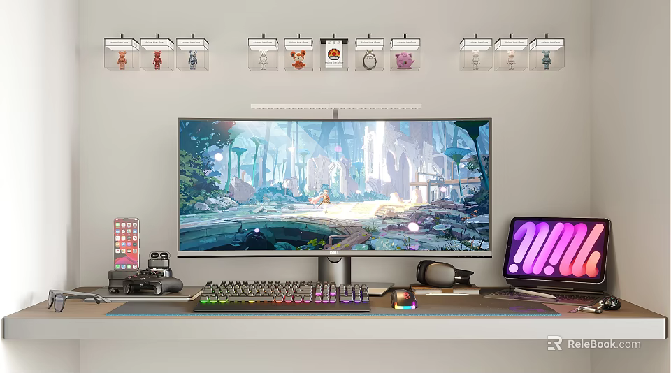 RGB Backlit Gaming Desktop Setup With Scenic Monitor Keyboard Mouse Headphones 3d model 