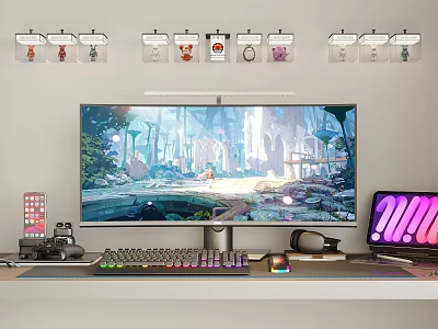 RGB Backlit Gaming Desktop Setup With Scenic Monitor Keyboard Mouse Headphones 3d model