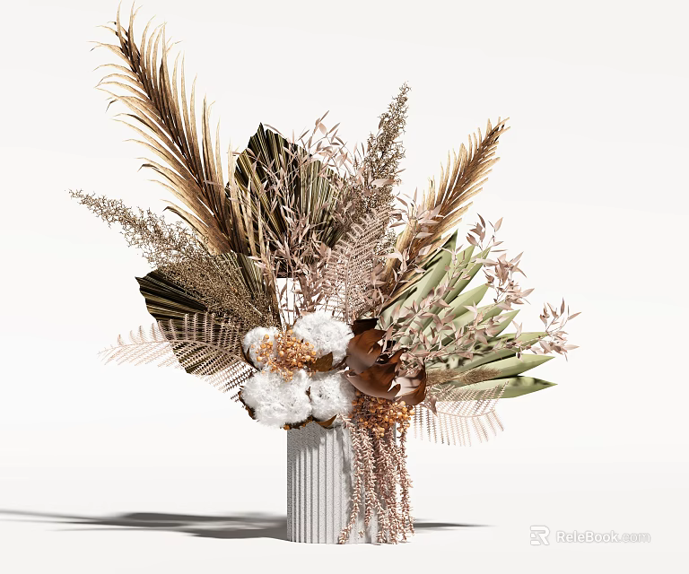 White Striped Vase With Brown Green Leaves Feathery Plants And White Cotton Flowers 3d model 