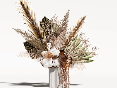White Striped Vase With Brown Green Leaves Feathery Plants And White Cotton Flowers 3d model