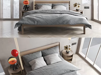 Modern Minimalist Double Bed Interior With Gray Bedding Wooden Frame And Nightstand Lamp 3d model