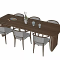Modern Wooden Dining Table Set With Gray Upholstered Chairs And Decorative Items 3d model