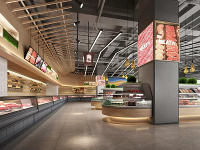 Modern Supermarket Interior With Meat Section Refrigerated Displays And Fresh Produce Shelves 3d model