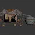 Ancient Mobile Vendor Cart With Tent Covering Wooden Wheels And Copper Spherical Design