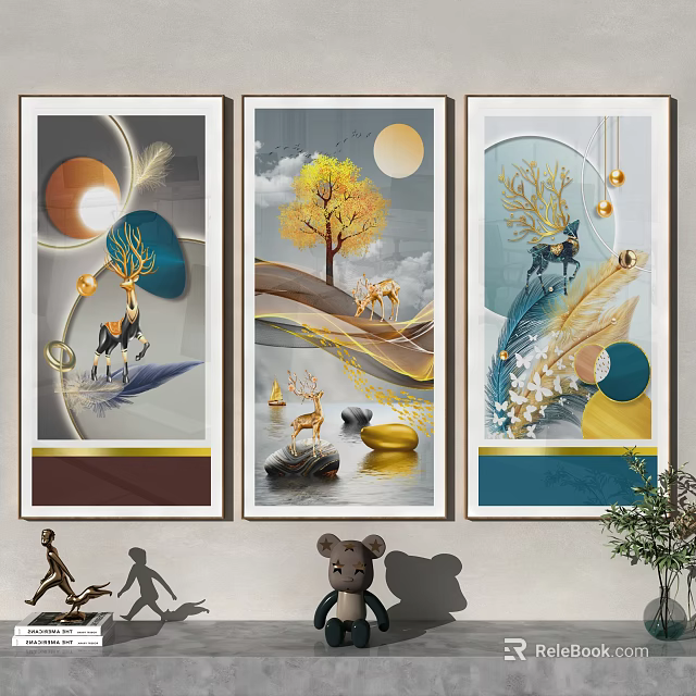Modern Decorative Paintings Featuring Deer Tree Moon Feathers And Geometric Shapes 3d model