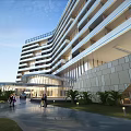 Modern Office Building With Glass Curtain Wall Layered Design And Urban Pool Area