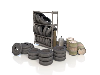 Realistic style waste tire barrel tire metal barrel waste industrial equipment indoor scene warehouse 3d model