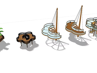 Modern Road Facilities With Spiral Benches Sail Like Structures And Greenery 3d model