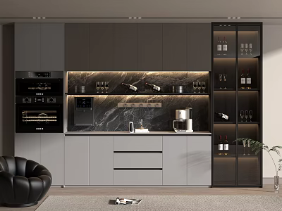Modern Kitchen Interior With Glass Door Wine Cabinet And Marble Countertop 3d model