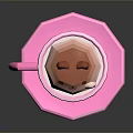 Cute Cartoon Cat Inside Pink Cup With Brown Ears And Blush On Hexagonal Coaster