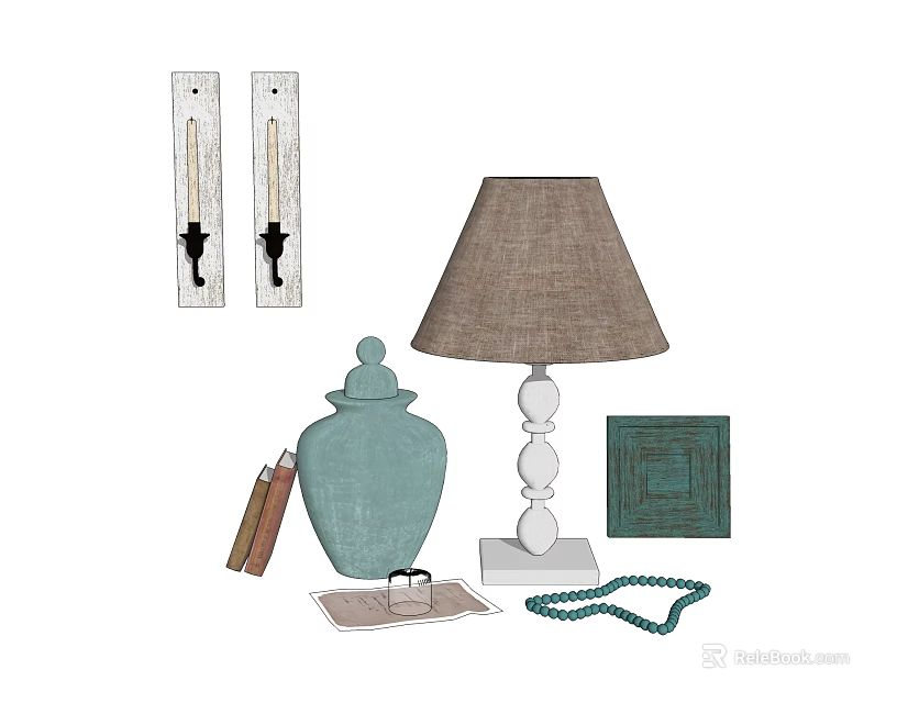 Decorative Accessories Set With Wall Sconces Green Vase Table Lamp And Decor Items 3d model 