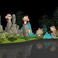 Scenic Check-in Photo Spot With Cute Monkeys Rock Formations Trees Grass And Pond