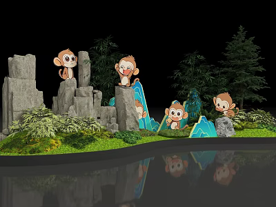 Scenic Check-in Photo Spot With Cute Monkeys Rock Formations Trees Grass And Pond 3d model