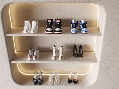 Stylish Shoes Display On Lighted Shelves With Varied Styles 3d model Stylish Shoes Display On Lighted Shelves With Varied Styles 3d model
