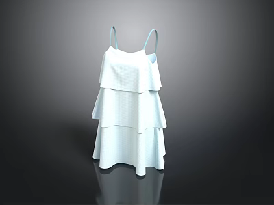 Elegant White Spaghetti Strap Dress With Layered Ruffled Tiers For Women 3d model