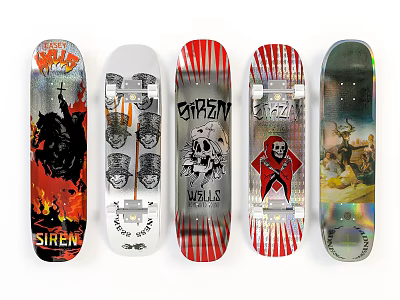 Various Graphic Skateboard Decks With Different Artwork Designs And Prints 3d model