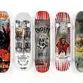 Various Graphic Skateboard Decks With Different Artwork Designs And Prints 3d model
