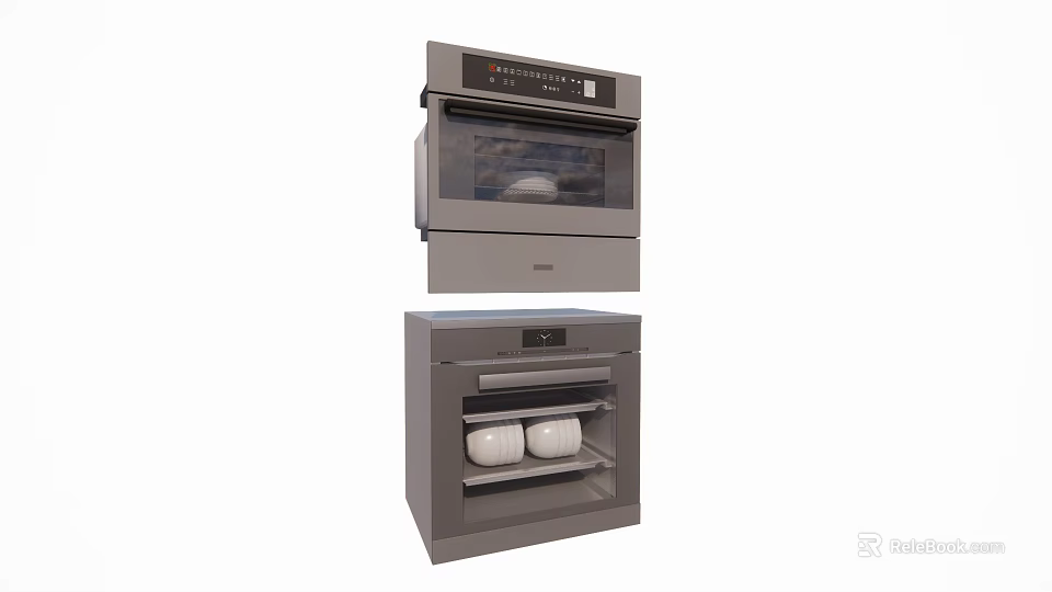 Stainless Steel Modern Stacked Built in Kitchen Appliances Ovens with Glass Door and White Bowls 3d model 