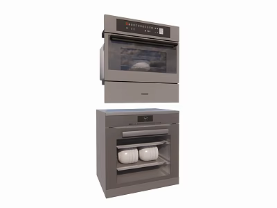 Stainless Steel Modern Stacked Built in Kitchen Appliances Ovens with Glass Door and White Bowls 3d model