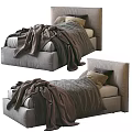 Modern Single Bed with Gray Frame and Upholstered Headboard Brown Blanket and Pillows 3d model
