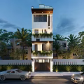 Modern Detached Villa With Greenery Covered Balconies Palm Trees And Illuminated Exterior Design
