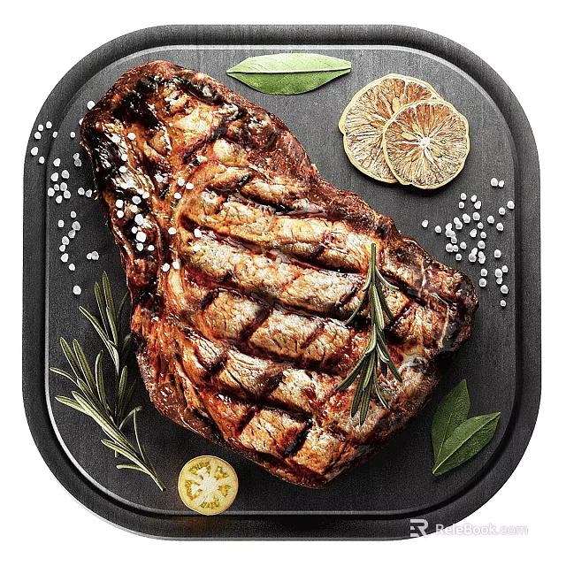 Grilled Steak On Black Plate With Rosemary Lemon Slices And Salt 3d model 