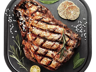 Grilled Steak On Black Plate With Rosemary Lemon Slices And Salt 3d model