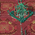 Ancient Architecture With Green Multi Layered Roofs Red Curtains Mountain Backdrop And Decorative Lanterns