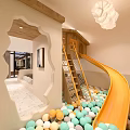 Modern Hotel Room Interior With Sofa Pillows Side Table Bed Pendant Lights And Loft Area