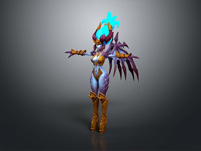 Fantasy Female Game Movie Character With Purple Gold Armor Feathered Wings And Glowing Blue Headdress 3d model