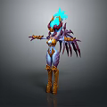 Fantasy Female Game Movie Character With Purple Gold Armor Feathered Wings And Glowing Blue Headdress