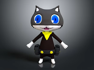 Cartoon Cat Character 3D Model With Blue Eyes Yellow Collar White Paws And Black Outfit 3d model