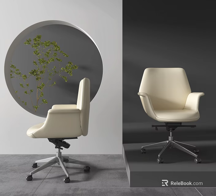 Modern Beige Office Chair With Armrests Metal Base Wheels And Round Mirror Green Plant 3d model 