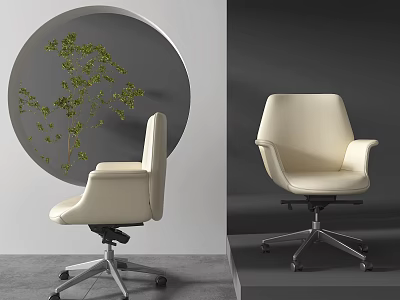 Modern Beige Office Chair With Armrests Metal Base Wheels And Round Mirror Green Plant 3d model