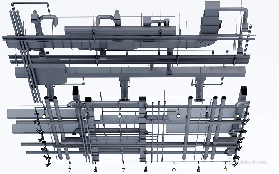 Industrial Ceiling Structure Design With Metal Framework Pipes And Lighting Fixtures 3d model 