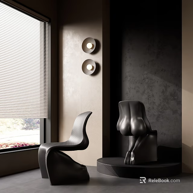 Modern Interior Black Sculpture Decor With Chair Wall Lamps And Window Blinds 3d model 