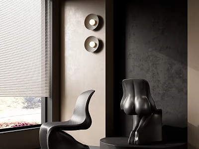 Modern Interior Black Sculpture Decor With Chair Wall Lamps And Window Blinds 3d model