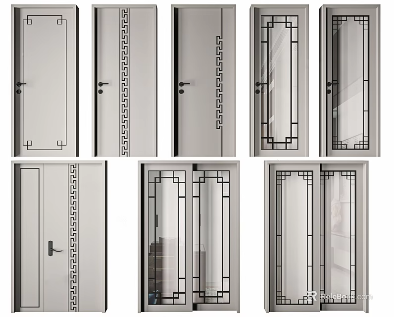Assorted Modern Hinged Doors For Interior Design With Decorative Borders And Glass Panels 3d model