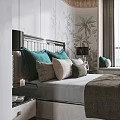 Elegant Modern Bedroom Interior With Green Velvet Bench Palm Tree Wall Decor And Bedside Lamps