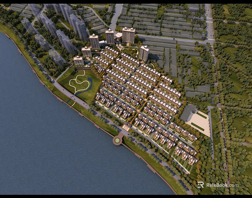 Aerial Planning of Waterfront Residential Area with Green Spaces and High Rise Buildings 3d model 