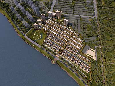 Aerial Planning of Waterfront Residential Area with Green Spaces and High Rise Buildings 3d model