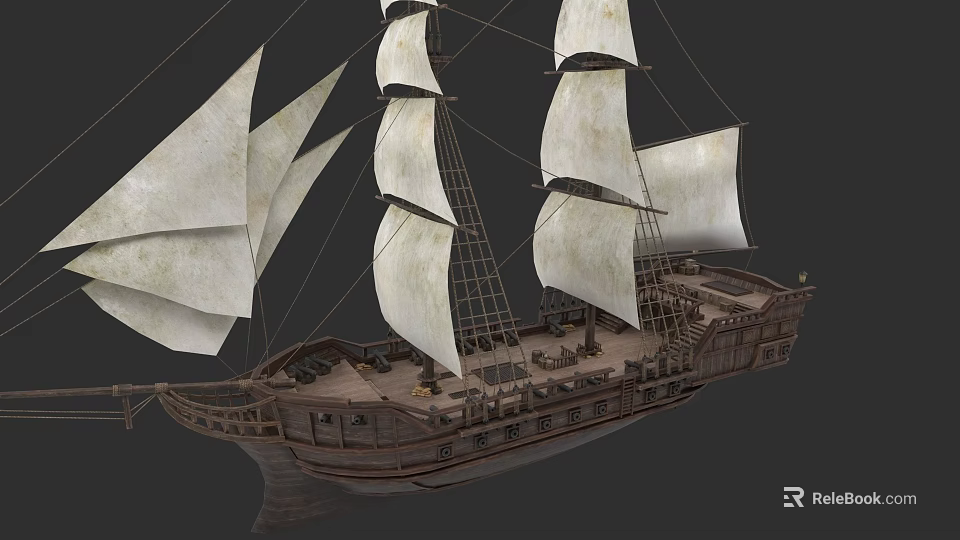 Vintage Wooden Sailing Ship Model With White Sails Multiple Masts And Cannons 3d model 
