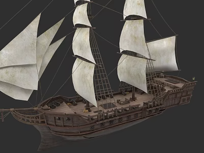 Vintage Wooden Sailing Ship Model With White Sails Multiple Masts And Cannons 3d model