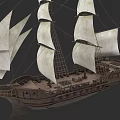 Vintage Wooden Sailing Ship Model With White Sails Multiple Masts And Cannons