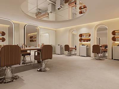 Modern Hair Salon Interior With Comfortable Chairs Mirrors And Soft Lighting 3d model