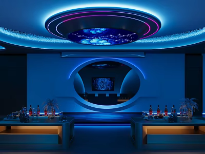 Modern KTV Room Interior With Blue Lighting Circular Ceiling Bar Counter And Screen 3d model