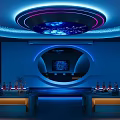 Modern KTV Room Interior With Blue Lighting Circular Ceiling Bar Counter And Screen