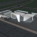 Modern Sales Office Building With Large Glass Curtain Walls And Angular Roof Design